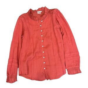 Faherty Willa Top Large Orange Pleated Blouse Long Sleeve Shirt